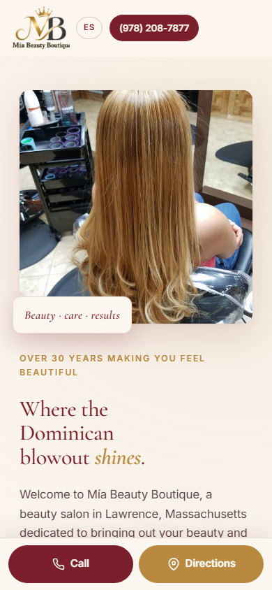 Mia Beauty Boutique mobile homepage screenshot