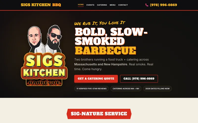 The live sigskitchen.com homepage: Bold, slow-smoked barbecue.