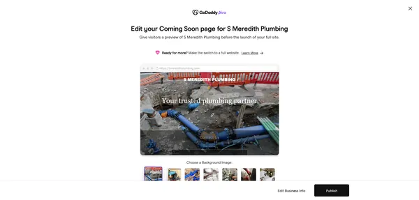 Before: the site builder's coming-soon setup page for S Meredith Plumbing.
