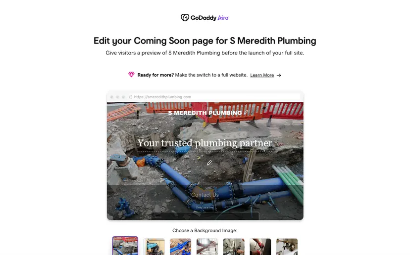 Antes: la página de configuración “próximamente” del constructor de sitios para S Meredith Plumbing.