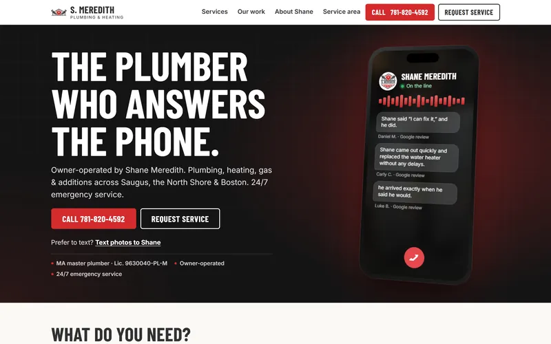 After: the live smeredithplumbing.com homepage, “The plumber who answers the phone.”