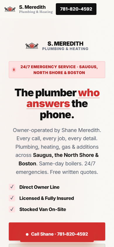 S. Meredith Plumbing mobile homepage screenshot